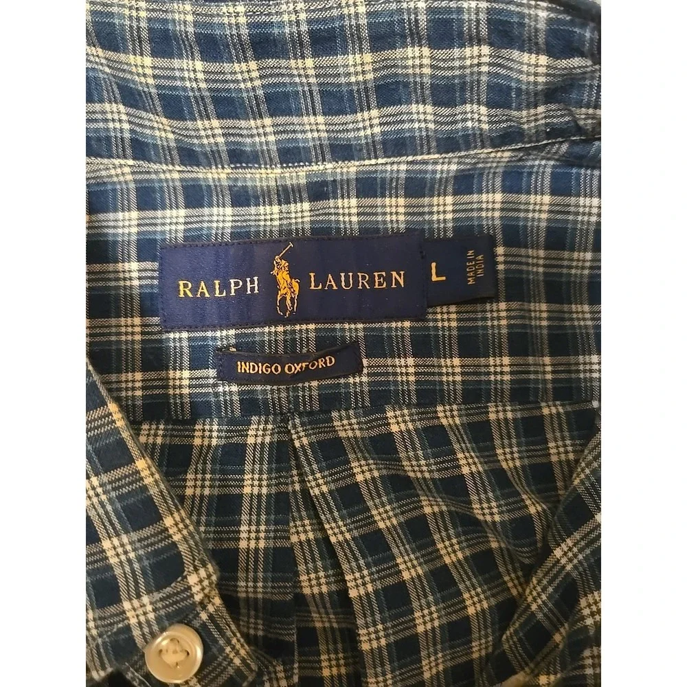 Ralph Lauren Indigo Oxford Shirt Mens Large Blue Plaid Short Sleeve Button Down - Picture 6 of 12